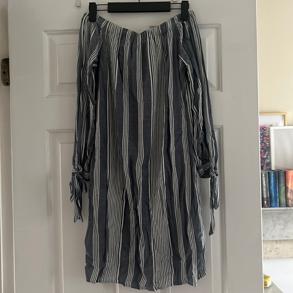 Blue and white striped off the shoulder dress